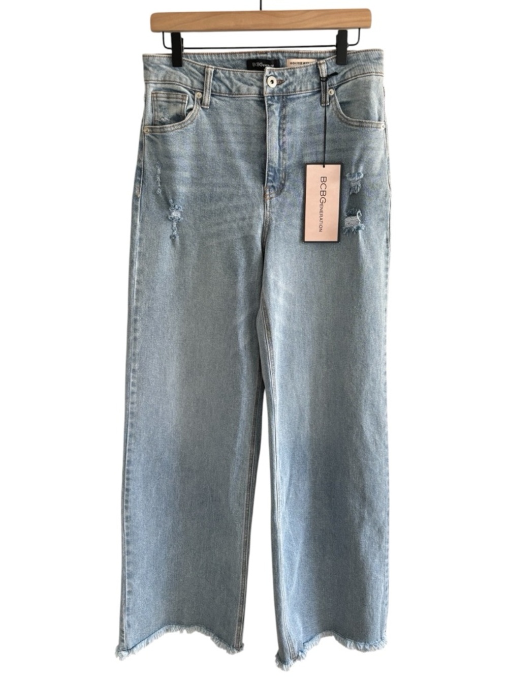 BCBGeneration High Rise Wide Leg Jeans Distressed Raw Hem Light Wash 11/30 NWT